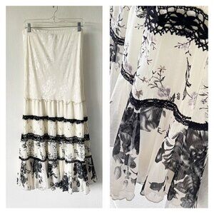 Spencer Alexis White Black Mixed Media Tiered Lined Floral Maxi Skirt Size XL